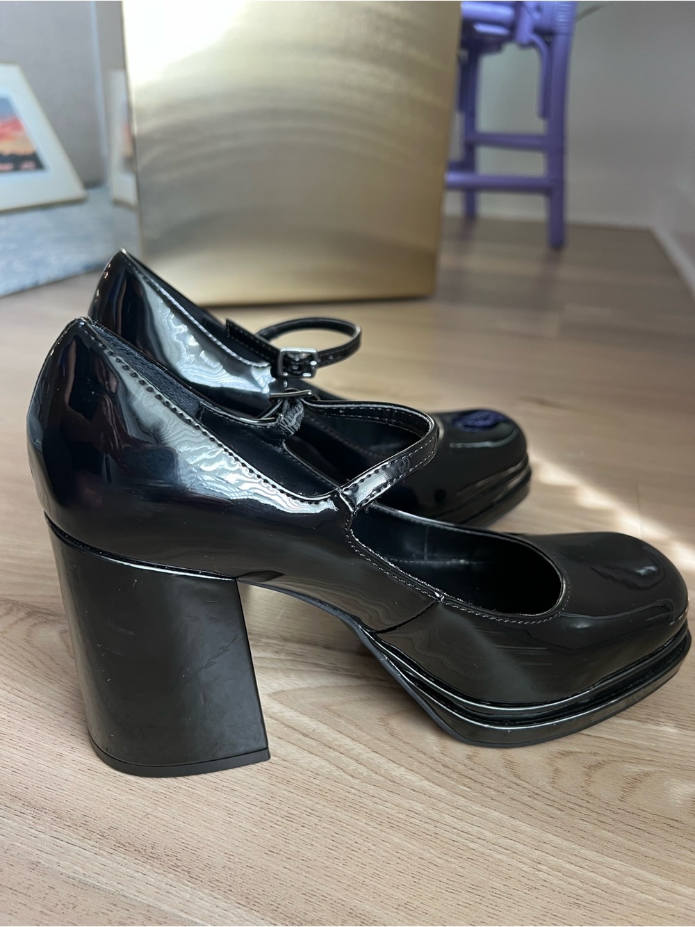 Women's Black Patent Mary Jane Block Heel Pumps